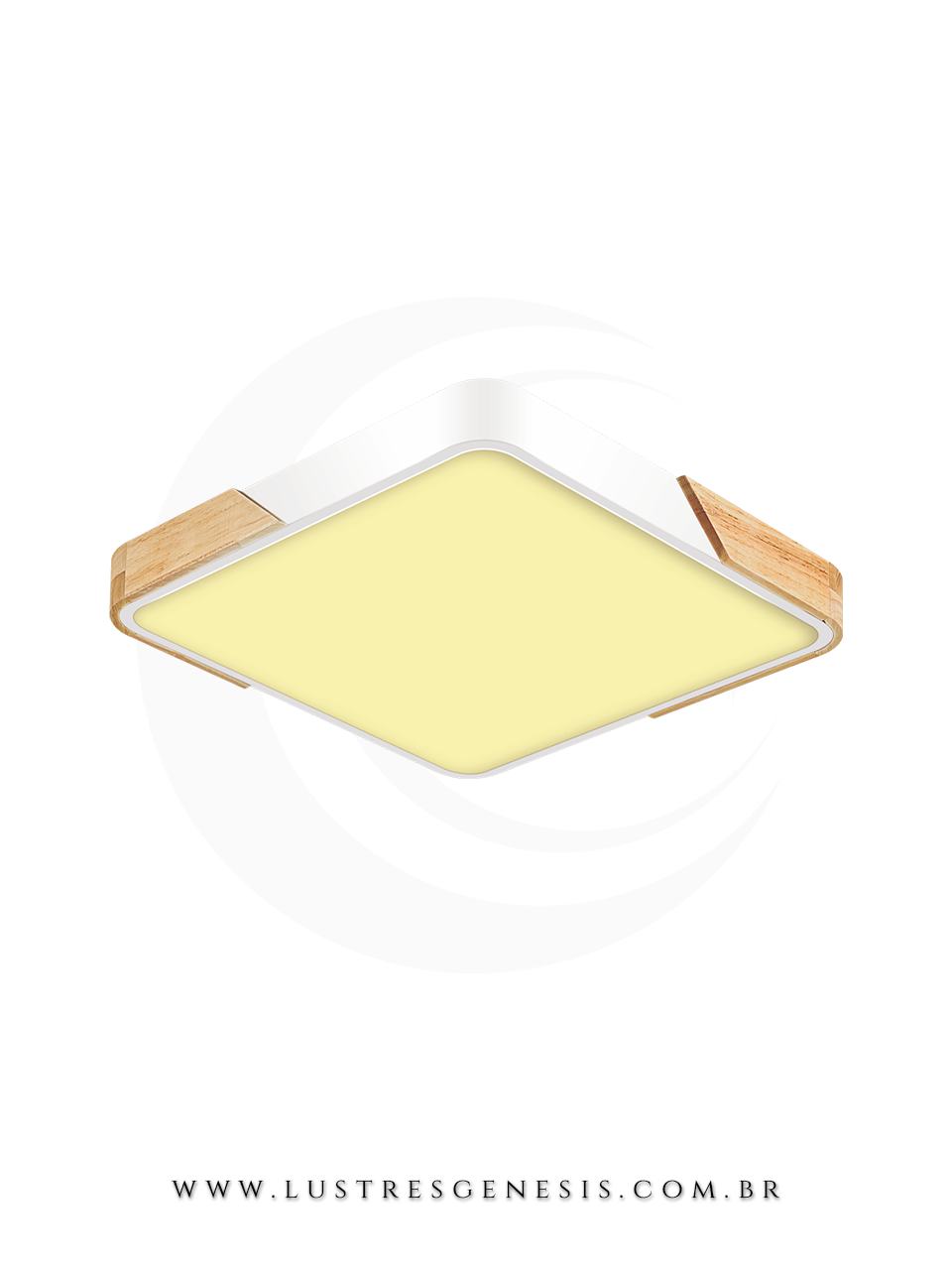 Plafon quadrado branco Zora 41x41cm com LED 2800 l&uacute;mens, design moderno com cantos em madeira, ideal para quartos, sala de estar, corredor, hall e escrit&oacute;rio.